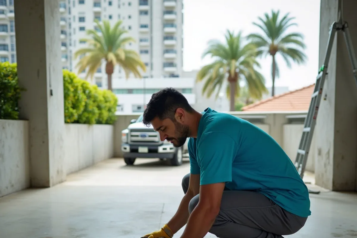 Crew clearing sand and debris from a scupper on a Hallandale Beach condo parking deck