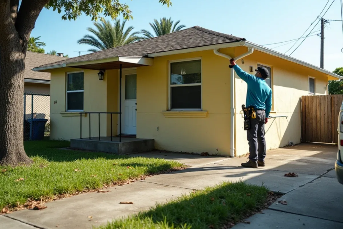 1950s Hallandale Beach concrete block home with a patched sectional gutter and stained fascia