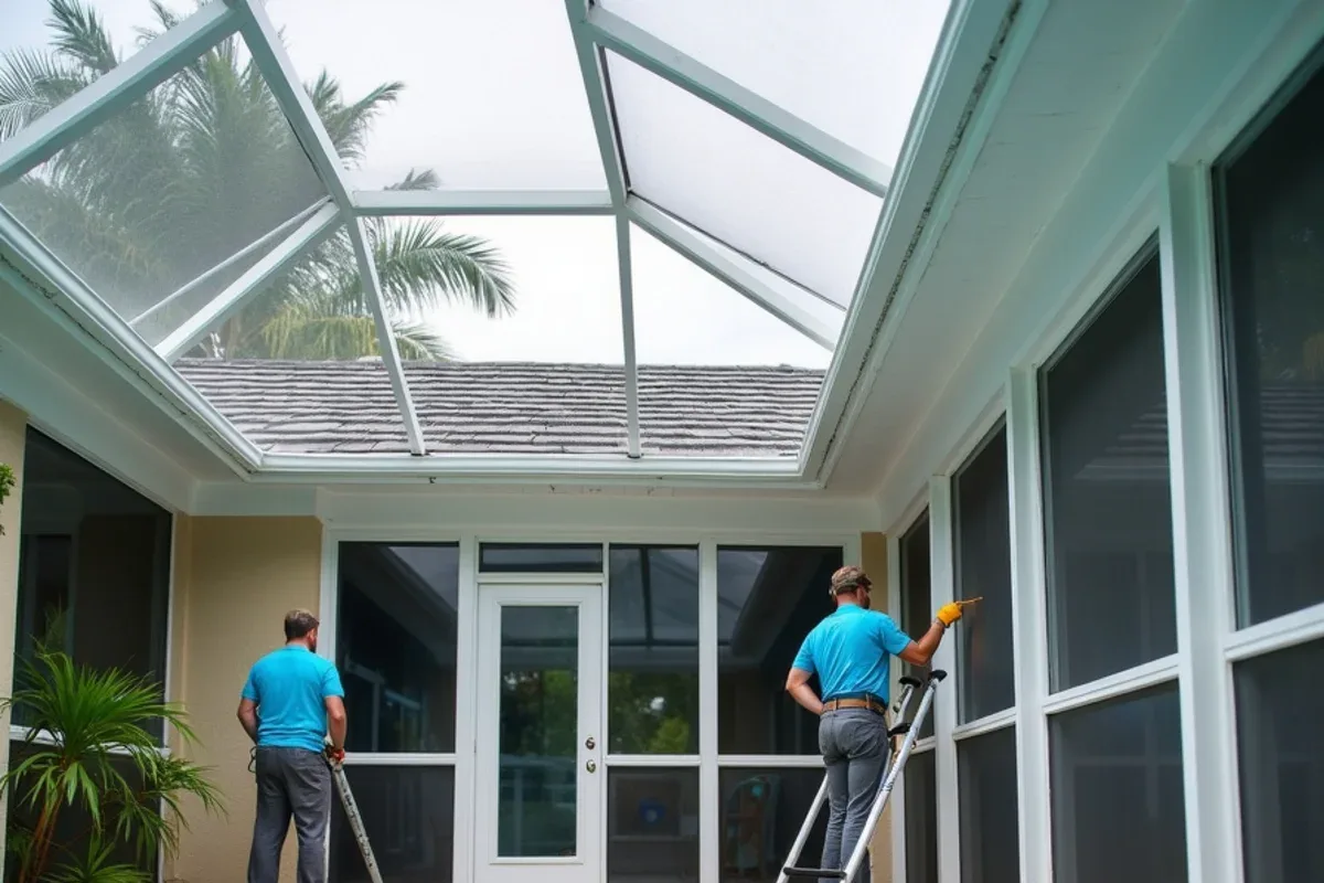 Screen enclosure gutter meeting a barrel tile roof edge at a Hamptons at Boca Raton home