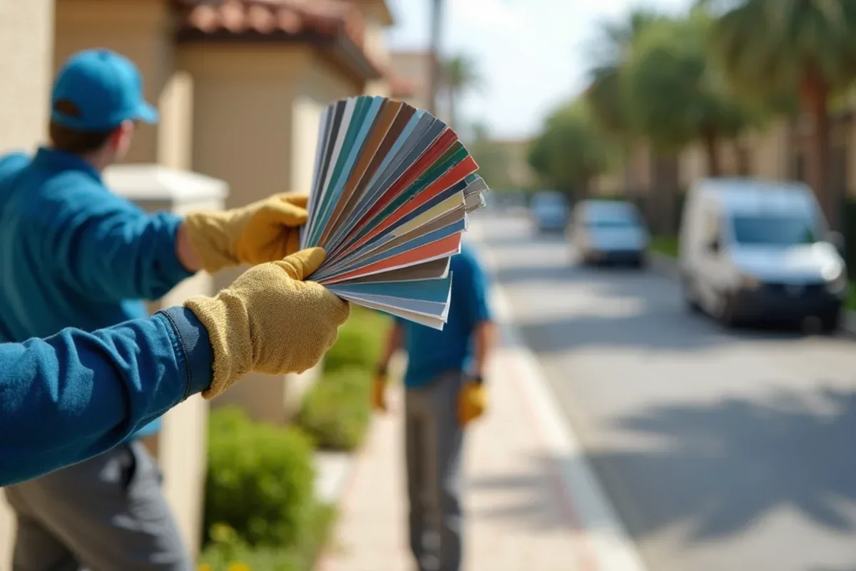 Gutter color sample held against stucco for HOA approval in Hamptons at Boca Raton