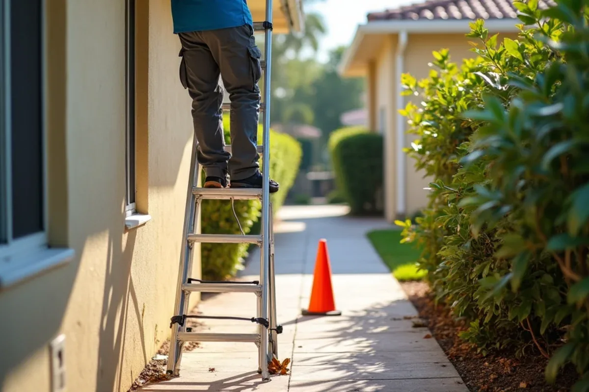 Crew clearing leaves from a condo gutter above a High Point entry walkway