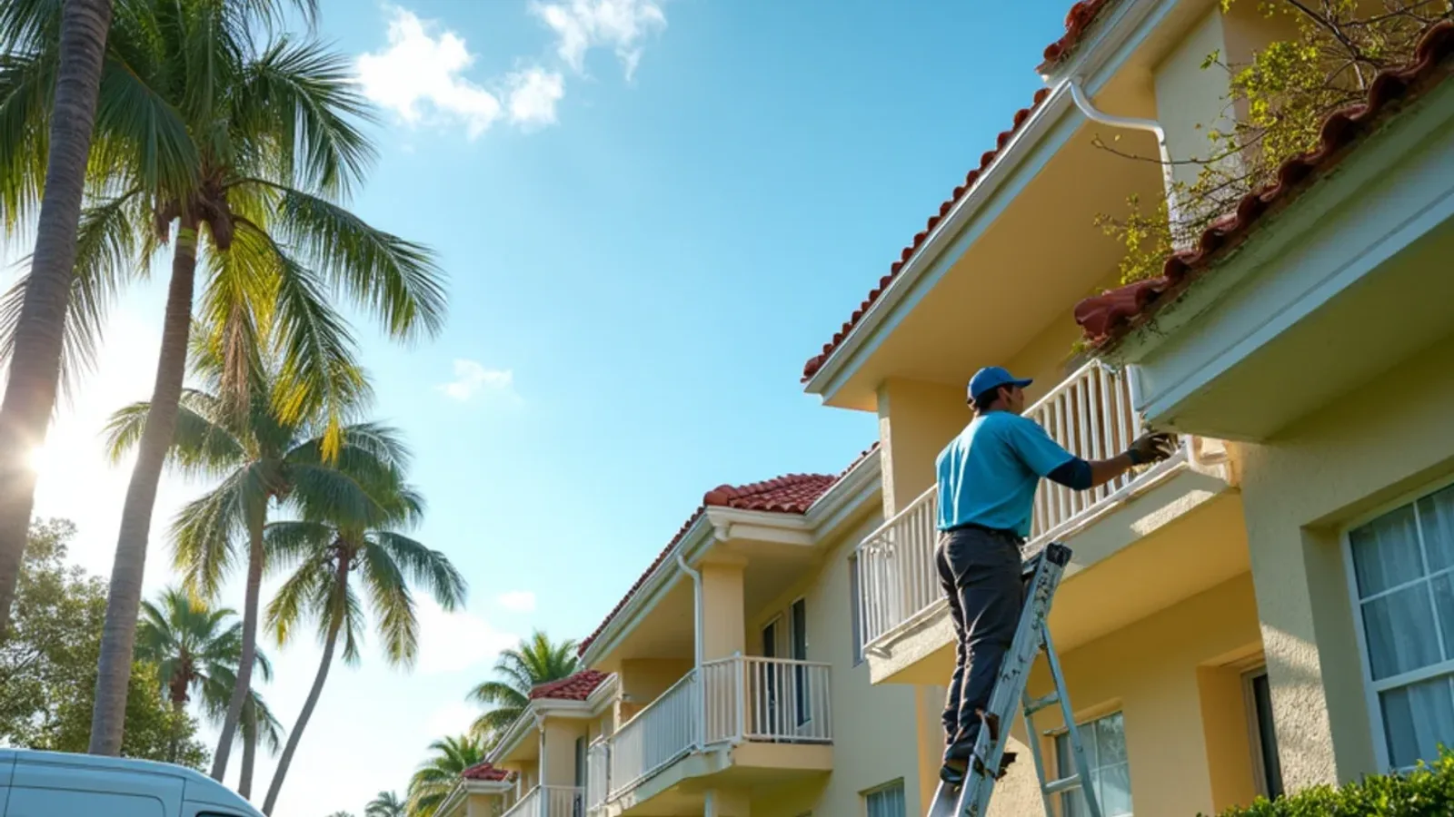 Royal palm seed stalks and summer growth over a High Point condo building with long gutters