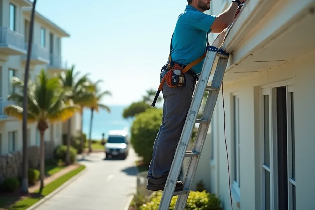Crew servicing a lower-roof gutter on a Highland Beach mid-rise condo building near the ocean