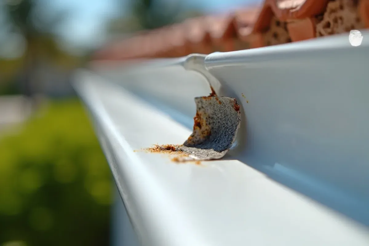 Salt-corroded gutter hanger beside a new stainless screw on a Highland Beach home