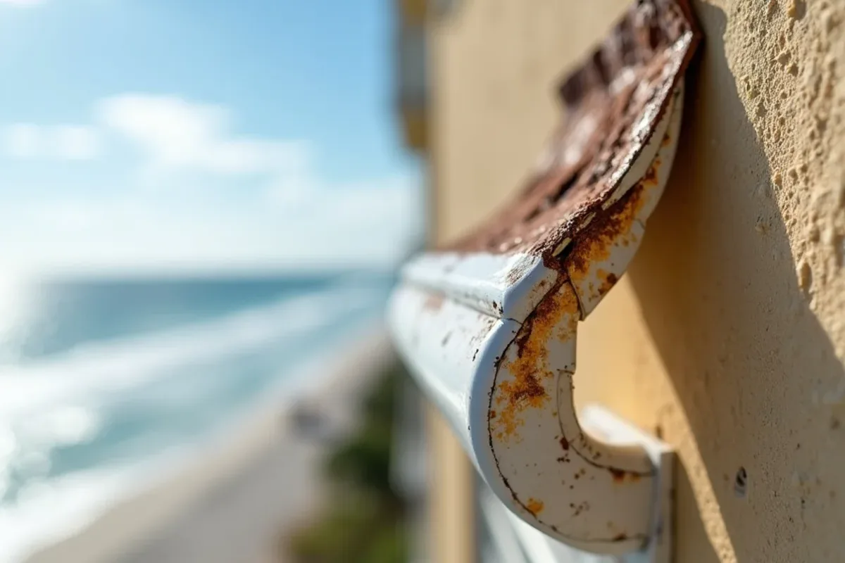 Salt-pitted steel strap holding a downspout on the ocean side of a Hillsboro Beach condo