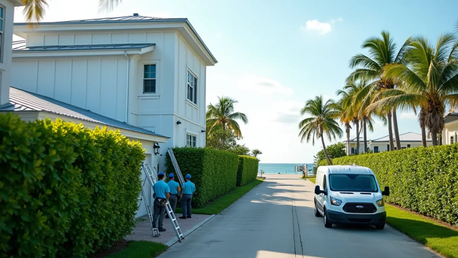 Hillsboro Beach coastal road of gated estates and sea grape hedges with a gutter ladder at one eave