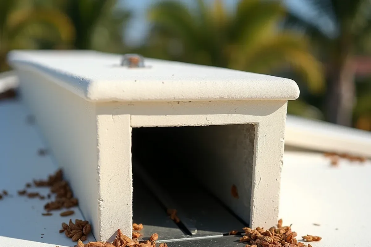 Clogged parapet scupper and leader head on a flat-roof Hollywood Lakes style home