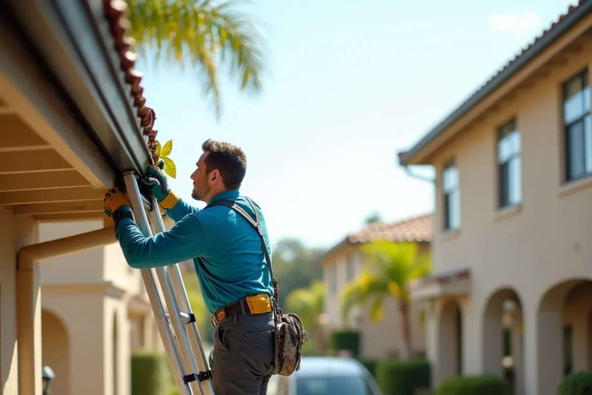 Crew cleaning a long second-story gutter on an early-1980s Ives Estates townhome row