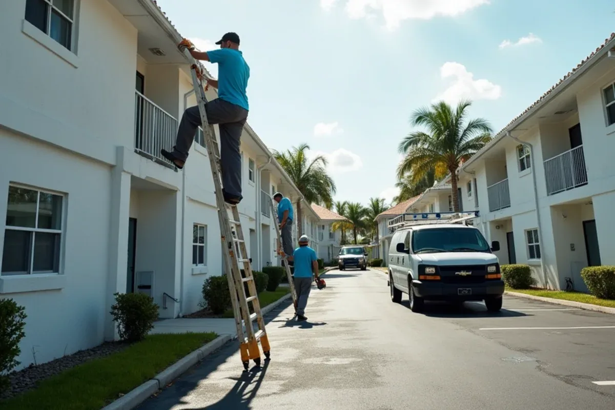 Gutter crew working along a Kings Point condo building with identical buildings behind