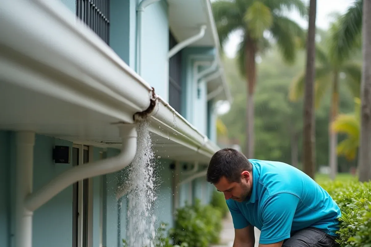 Clogged gutter overflowing above a Kings Point condo stairwell entry onto the walkway