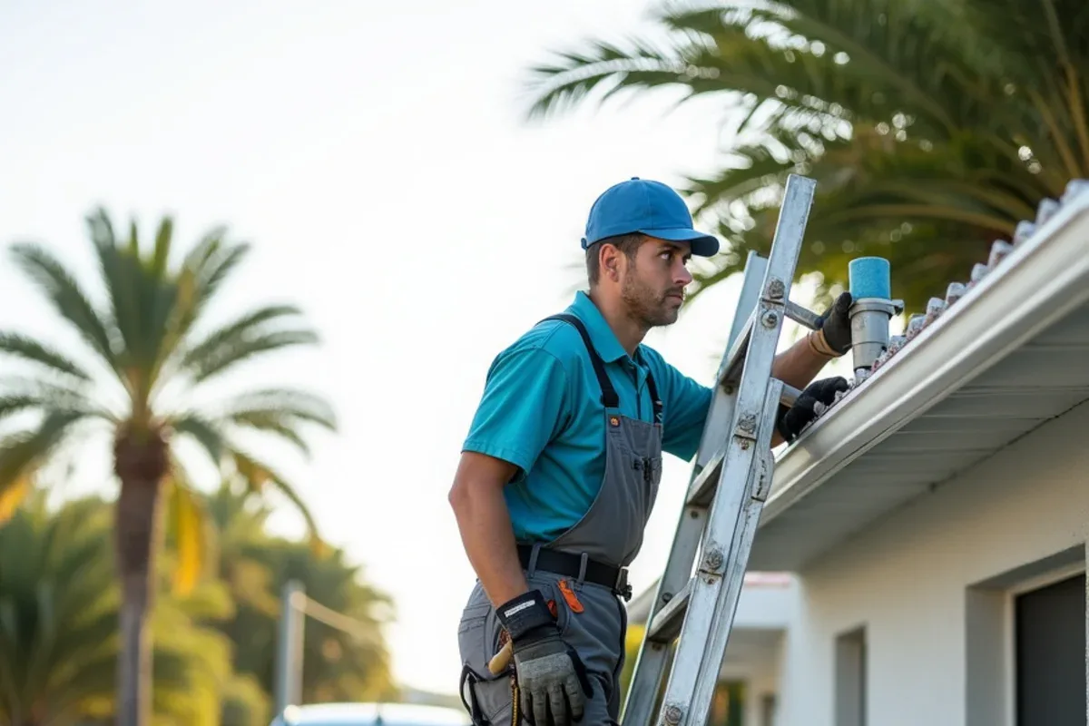Gutter crew working on a single-story canal-street home in Lauderdale-by-the-Sea
