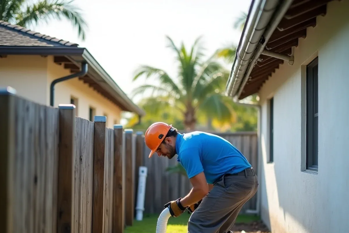 Technician turning a side-yard downspout toward the front swale at a Lauderdale Lakes home