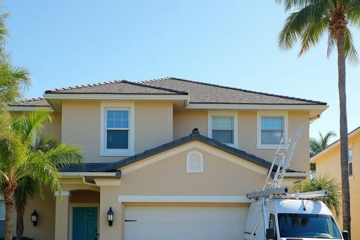 Single-story Lauderdale Lakes duplex with new white seamless gutters and two downspouts