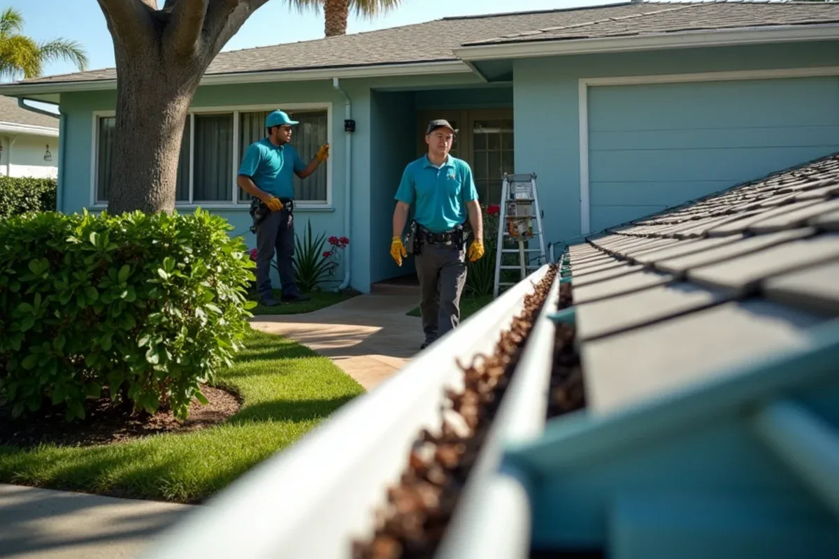 1960s Lauderhill CBS home with a flat tile roof and black olive leaves filling the gutter