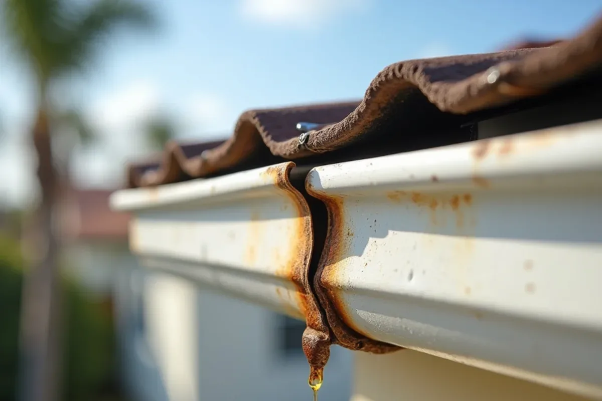 Riveted sectional gutter seam leaking rust-streaked water onto a Margate ranch home's stucco wall