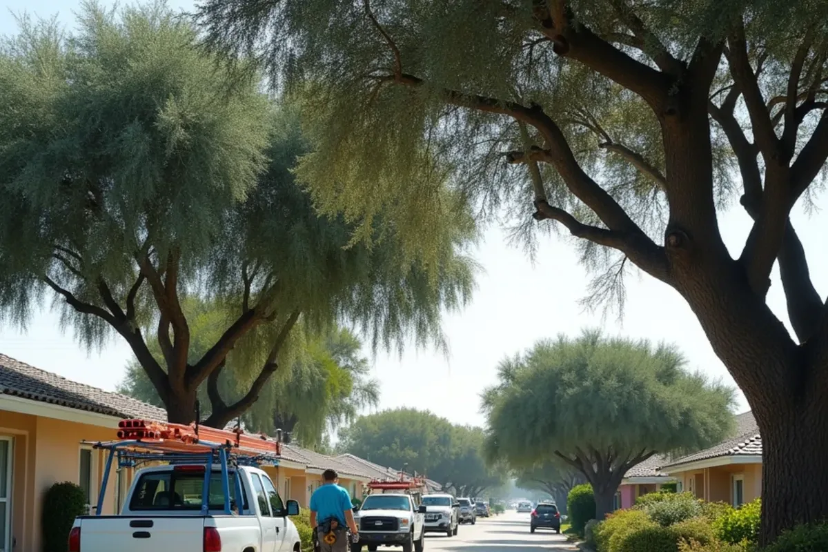 Shaded Margate residential street of 1970s ranch homes beneath black olive tree canopies