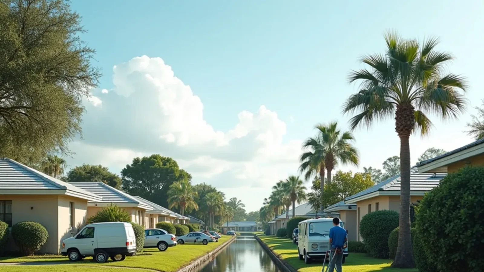 Margate canal bank lined with 1970s ranch homes and a technician at one rear gutter