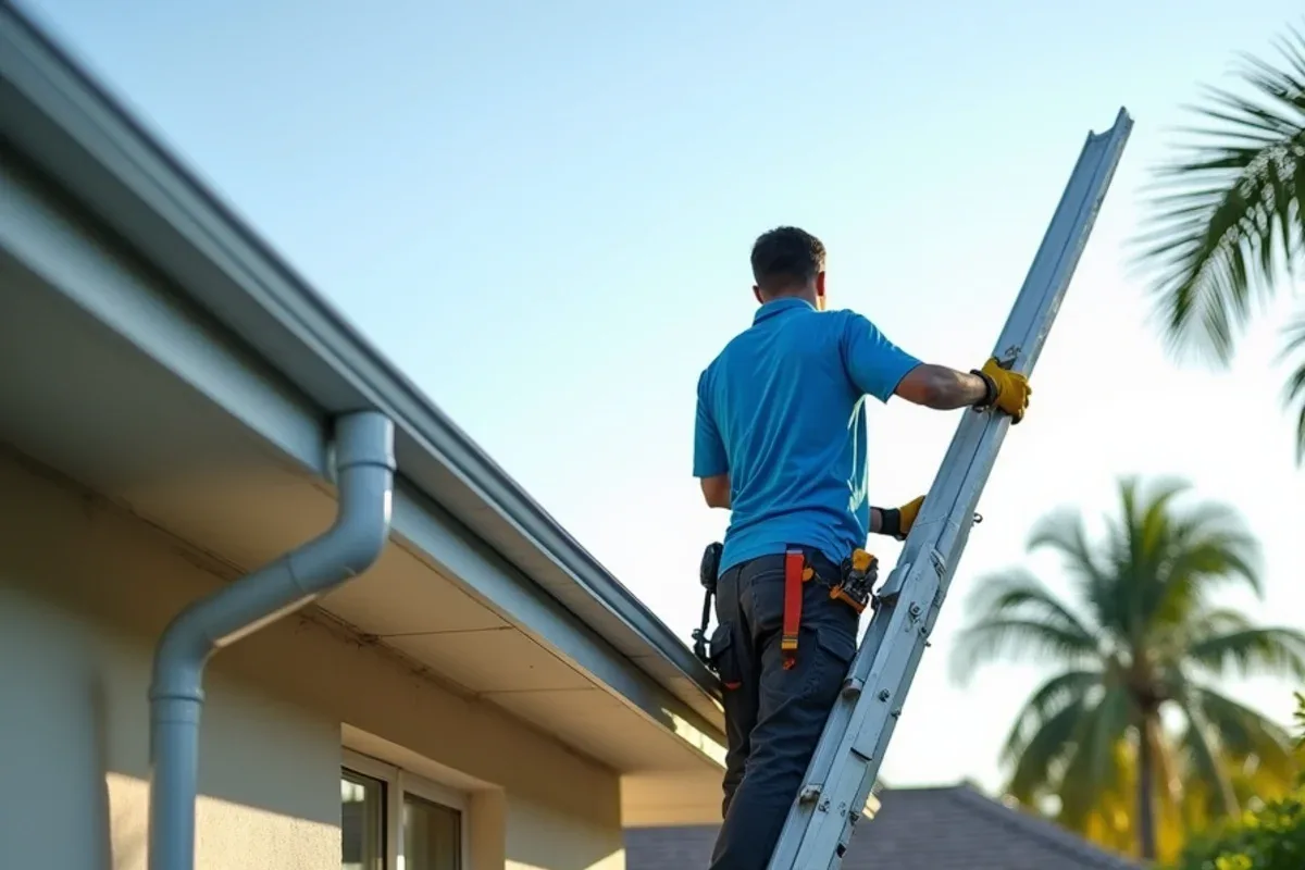 Crew hanging a new seamless gutter on fresh fascia at a Miami Gardens CBS house