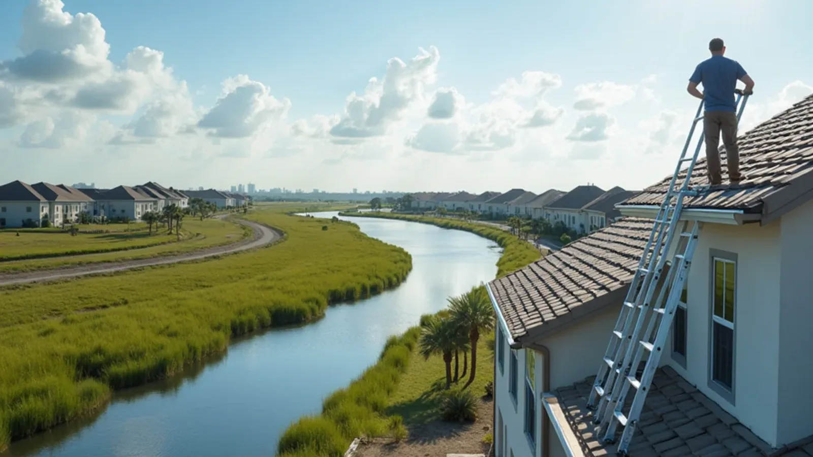 Western Miramar lake-and-swale community at the edge of open marsh with a pickup at one home