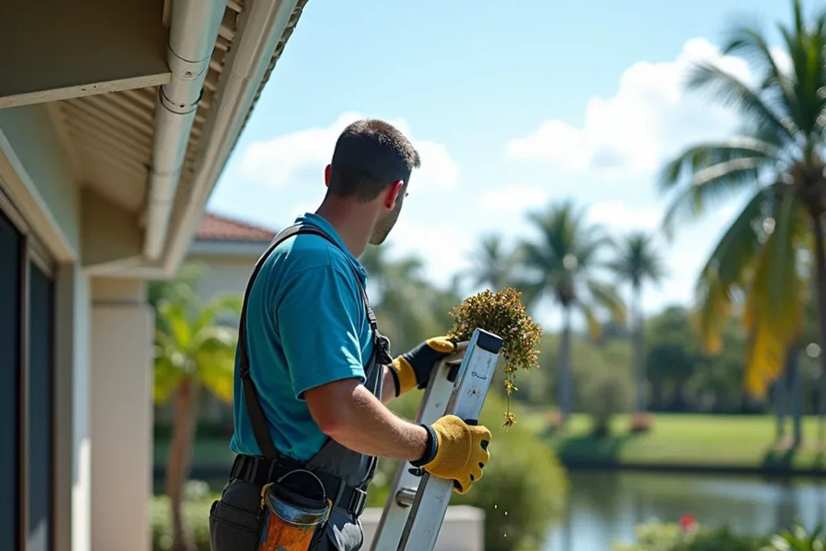 Gutter crew cleaning the gutter above a lake-facing screen enclosure in Mission Bay