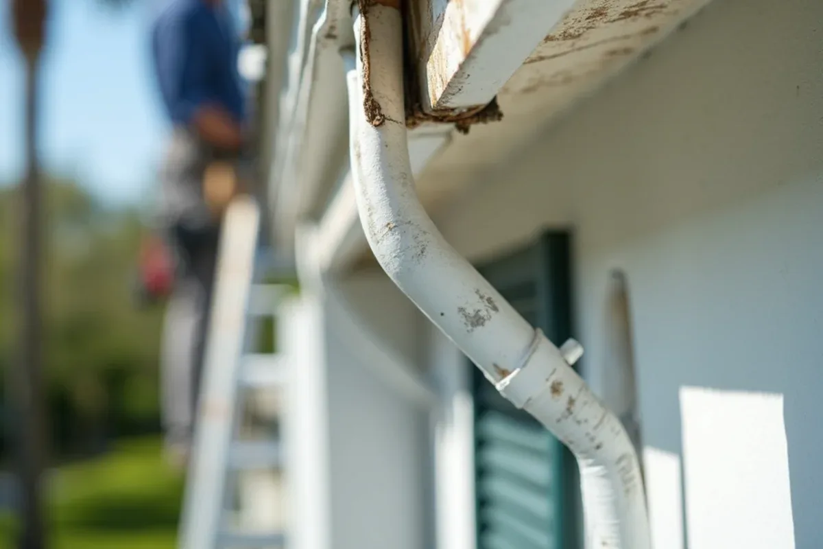 Old aluminum gutter pulling away from softened wood fascia on an Oakland Park postwar house