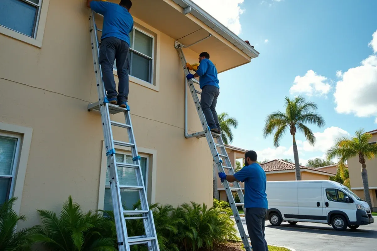 Crew re-hanging a storm-bent gutter on a low-rise Ojus condo after a hurricane