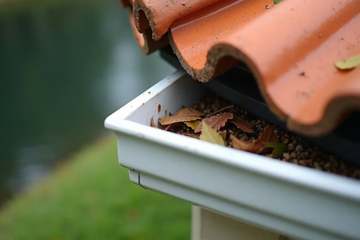 Barrel tile roof valley emptying into a seamless gutter corner on a Parkland home
