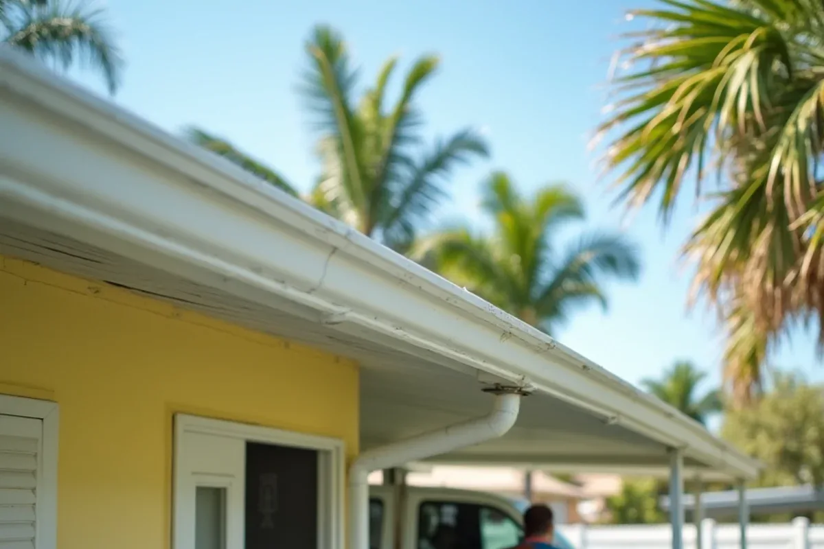 White gutter along a manufactured home roof edge meeting a carport awning in Pembroke Park