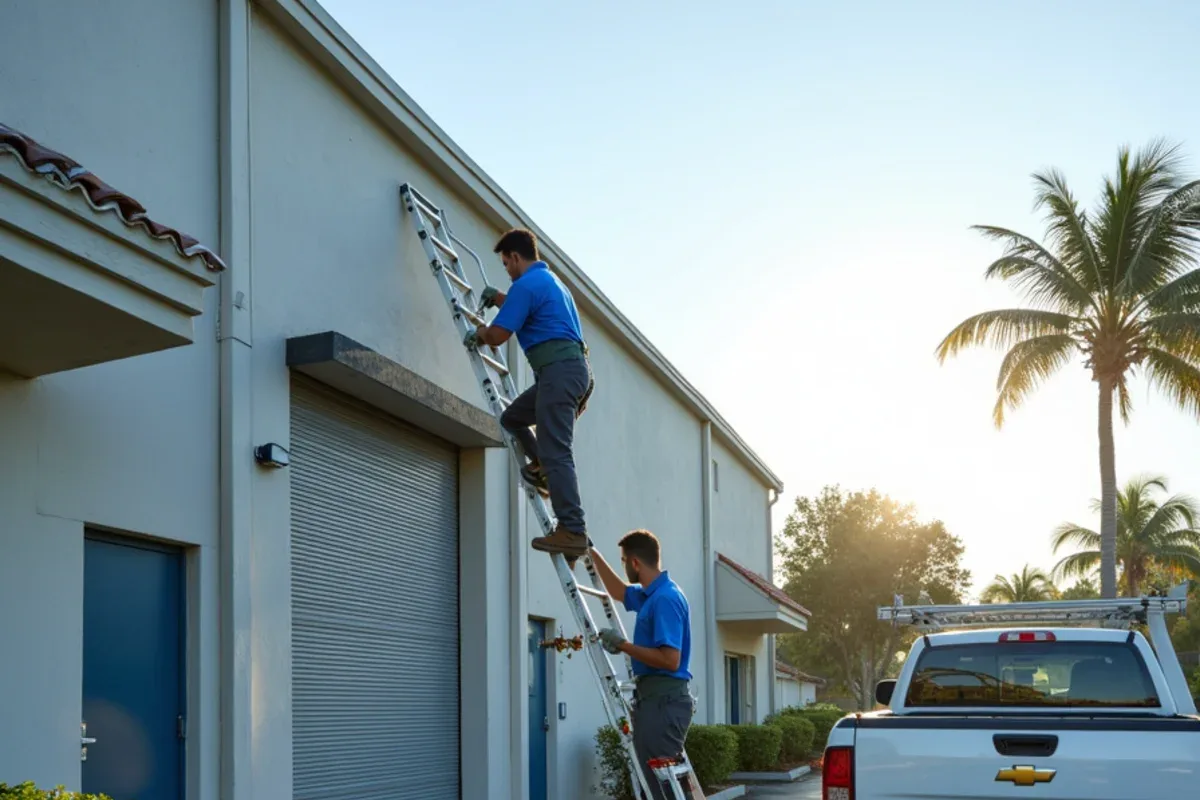 Technician clearing a box gutter on a single-story Pembroke Park warehouse roof edge