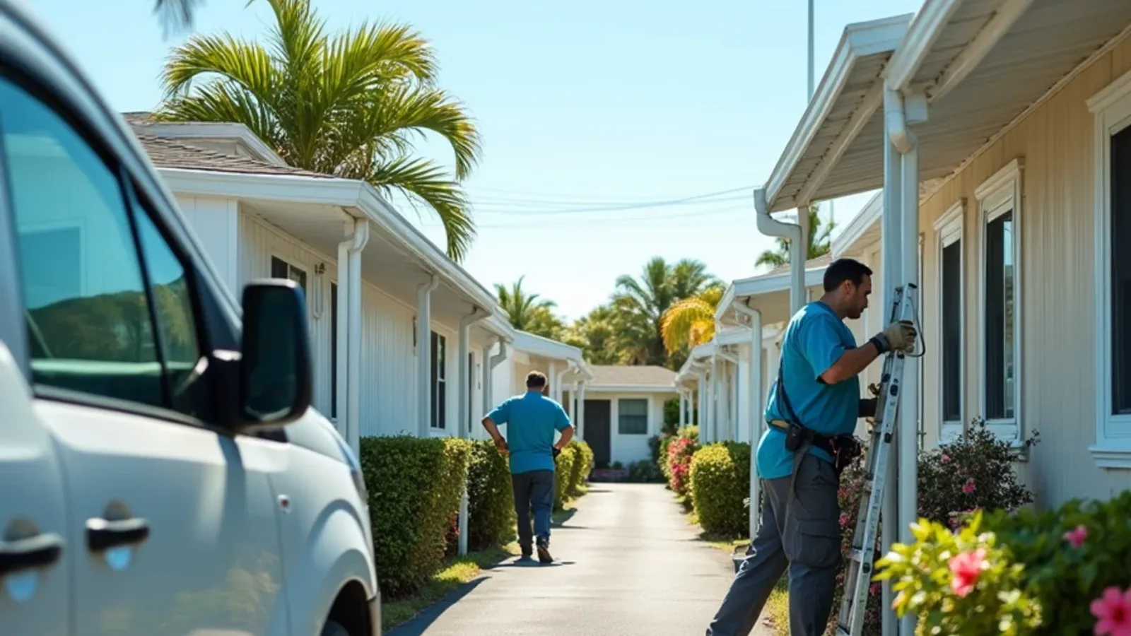 Pembroke Park manufactured home lane with carports and a ladder at one carport gutter