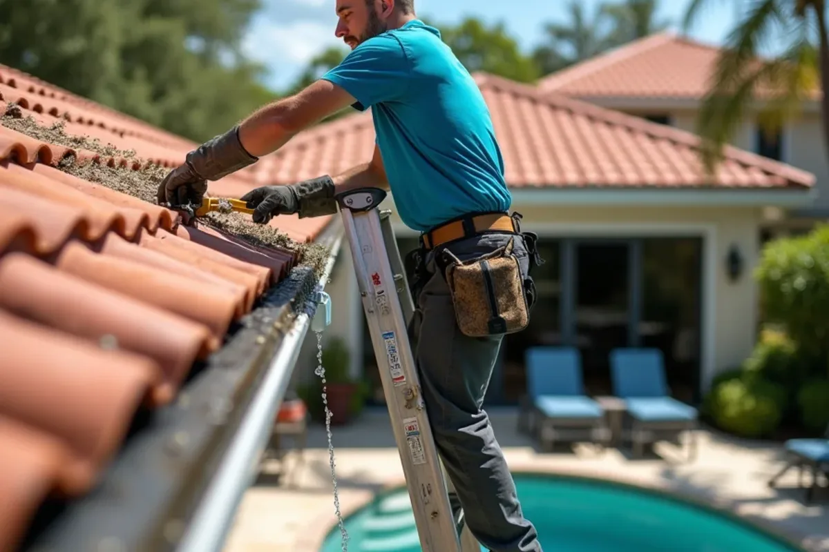 Crew member cleaning the gutter above a screened pool cage at a Pembroke Pines tile home