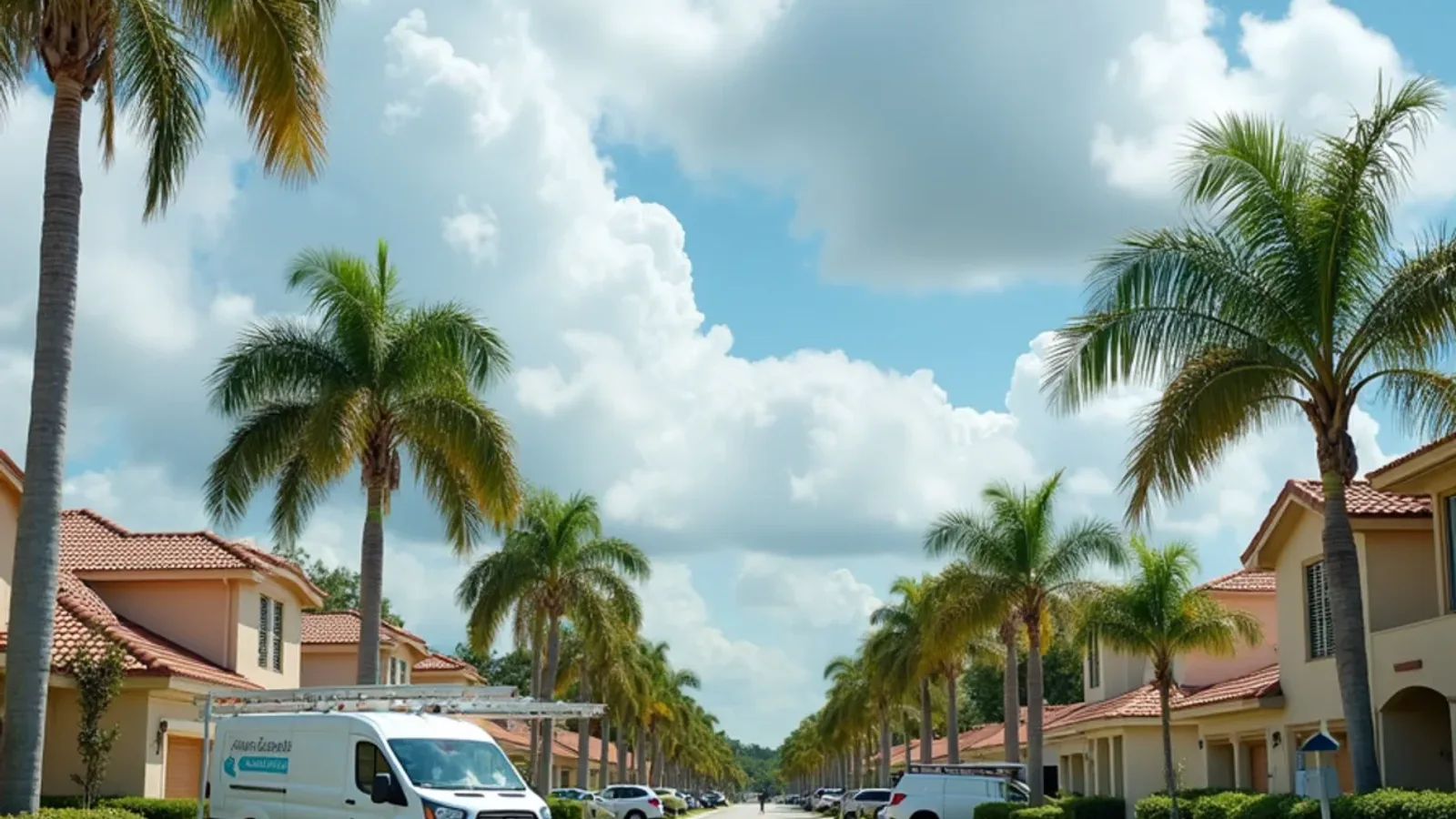 Pembroke Pines subdivision boulevard of two-story S-tile homes with a gutter van at one driveway