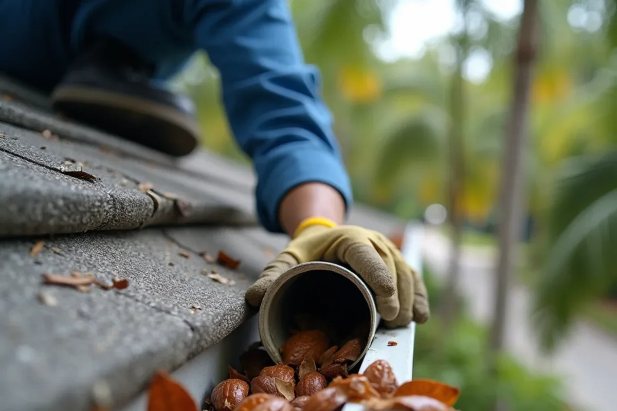 Mahogany seed pods and matted oak leaves jamming a downspout outlet on a Plantation home