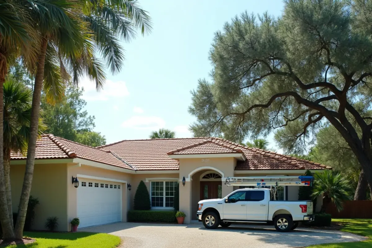 Plain white pickup on a long driveway at a large-lot Plantation Acres home with seamless gutters