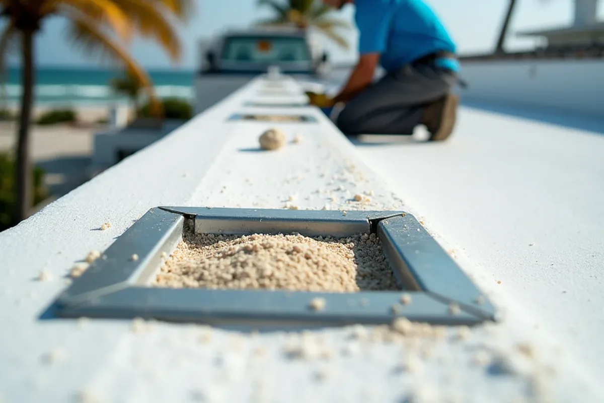 Sea grape leaves and blown sand clogging a scupper outlet on a Pompano Beach beachfront condo