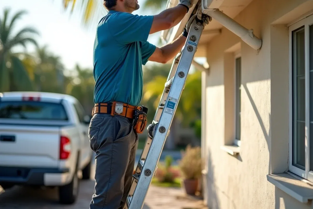 Crew fastening stainless gutter hangers on a breezy coastal Pompano Beach home