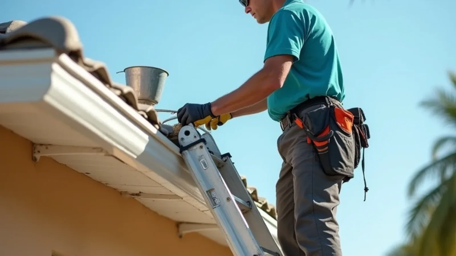 Technician clearing sand and sea grape leaves from a gutter on a Pompano Beach beach cottage