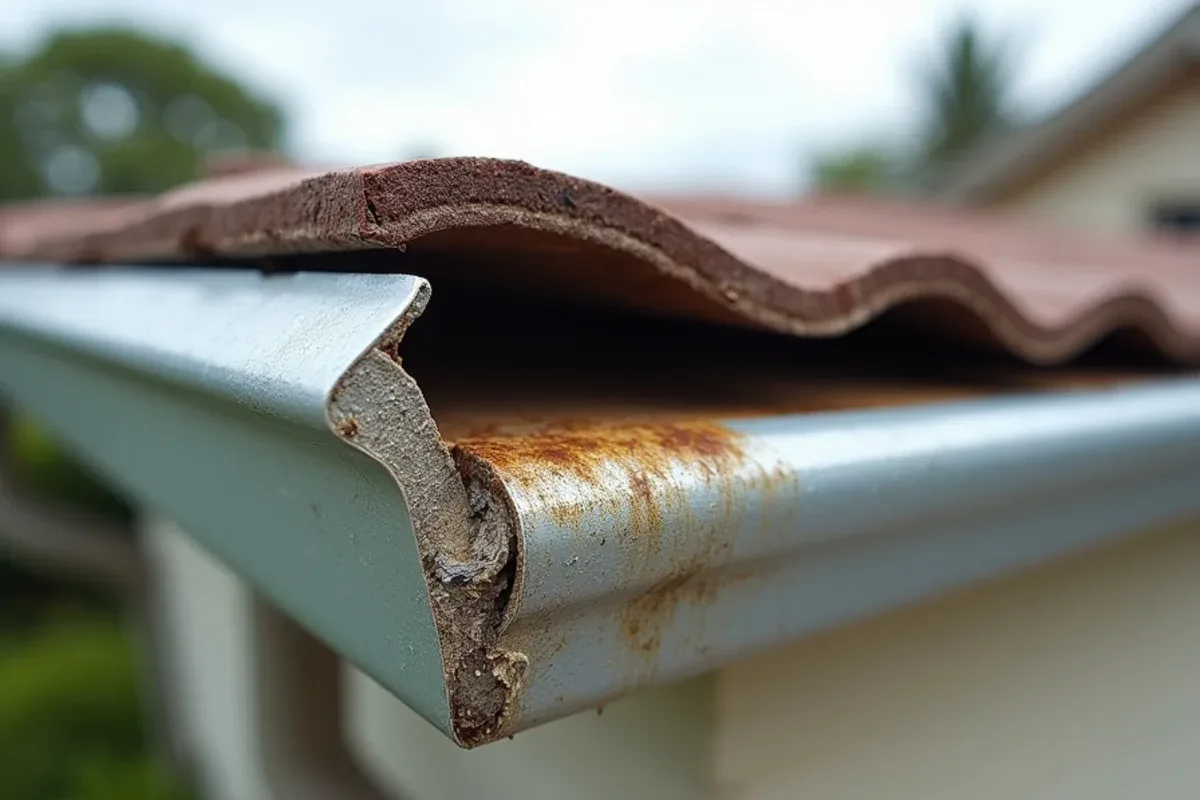 Sagging older gutter pulling away from rotted fascia on a Roosevelt Gardens block home