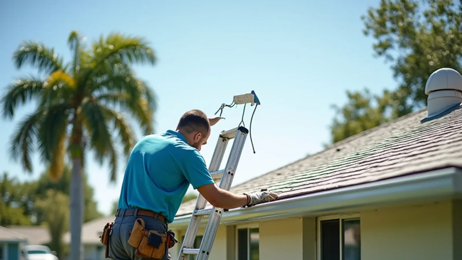 Technician removing an old sectional gutter from a 1970s Sandalfoot Cove canal-side ranch home