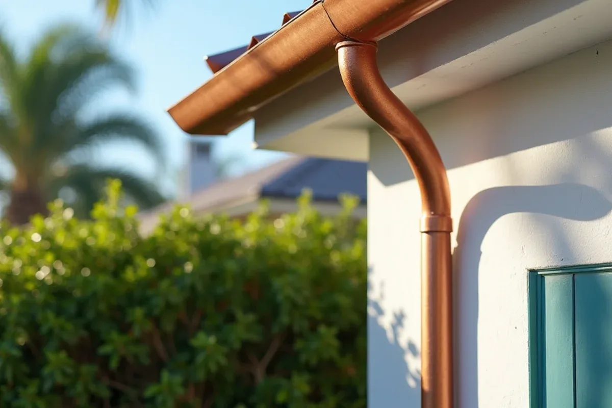 Copper gutter and downspout on a renovated ranch house in Sea Ranch Lakes
