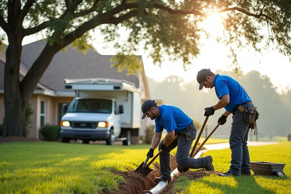 Crew trenching an underground downspout drain line across a Southwest Ranches lawn