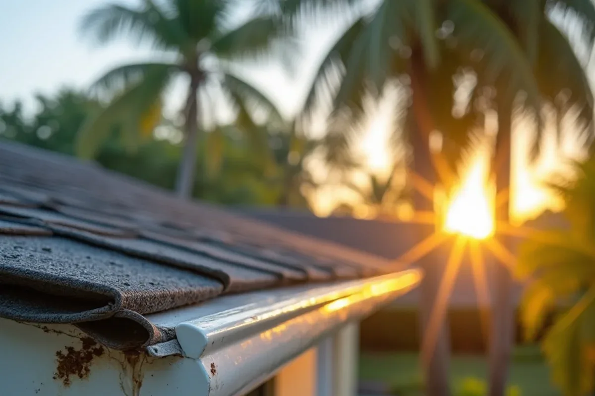Leaking gutter miter dripping beside the carport of a 1960s Sunrise ranch home