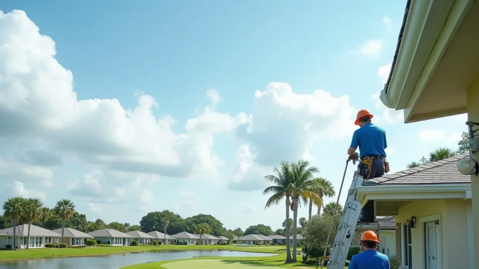 1960s Sunrise ranch homes along a golf fairway and water hazard with a technician at one rear eave