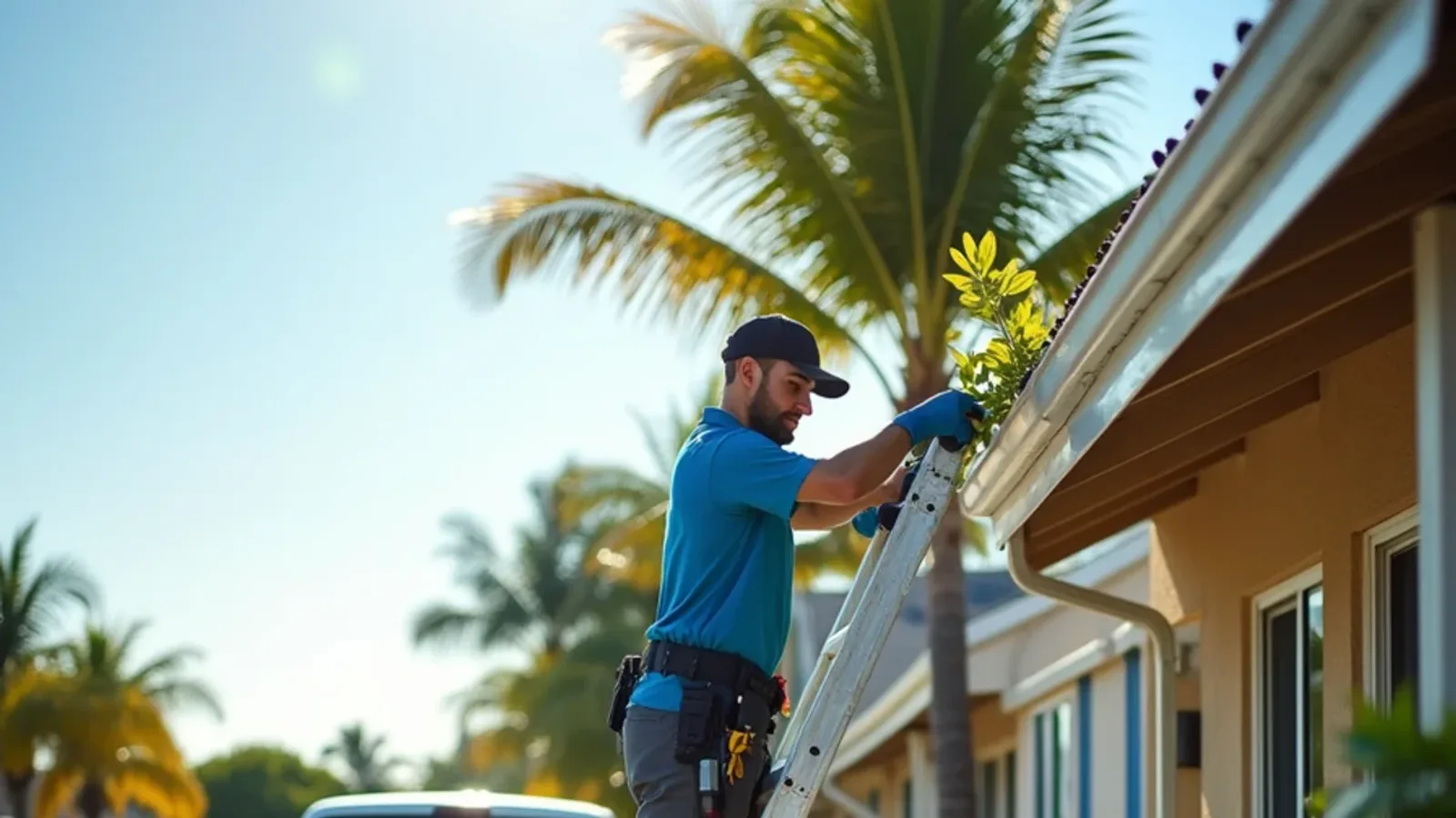 Technician clearing a porch awning gutter on a single-story Watergate manufactured home