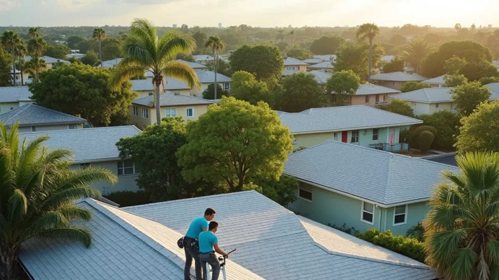 Tree-covered grid of 1950s West Park block homes with a fresh gutter on one coral house