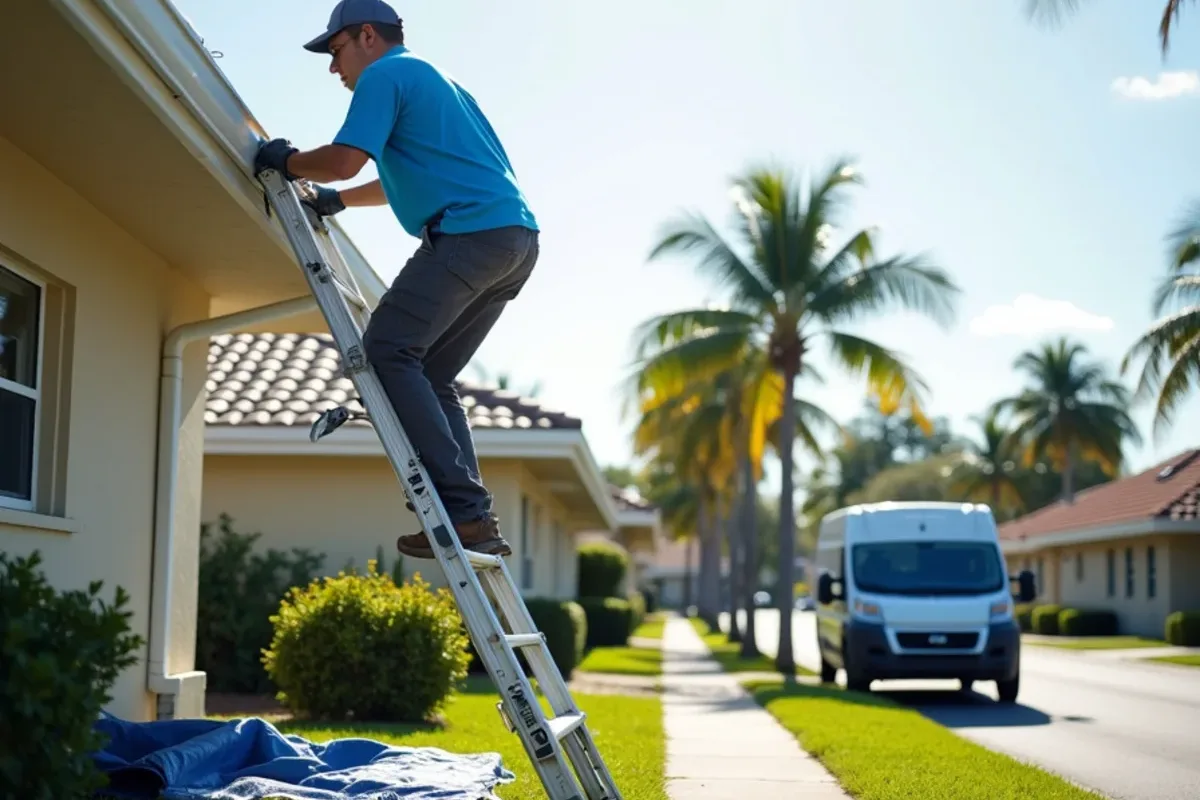 Gutter crew cleaning one long continuous gutter across several Whisper Walk villa units