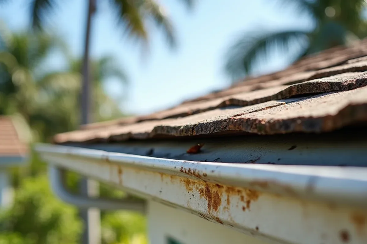 Water-stained wood fascia and rafter tails on a Wilton Manors cottage with no gutter