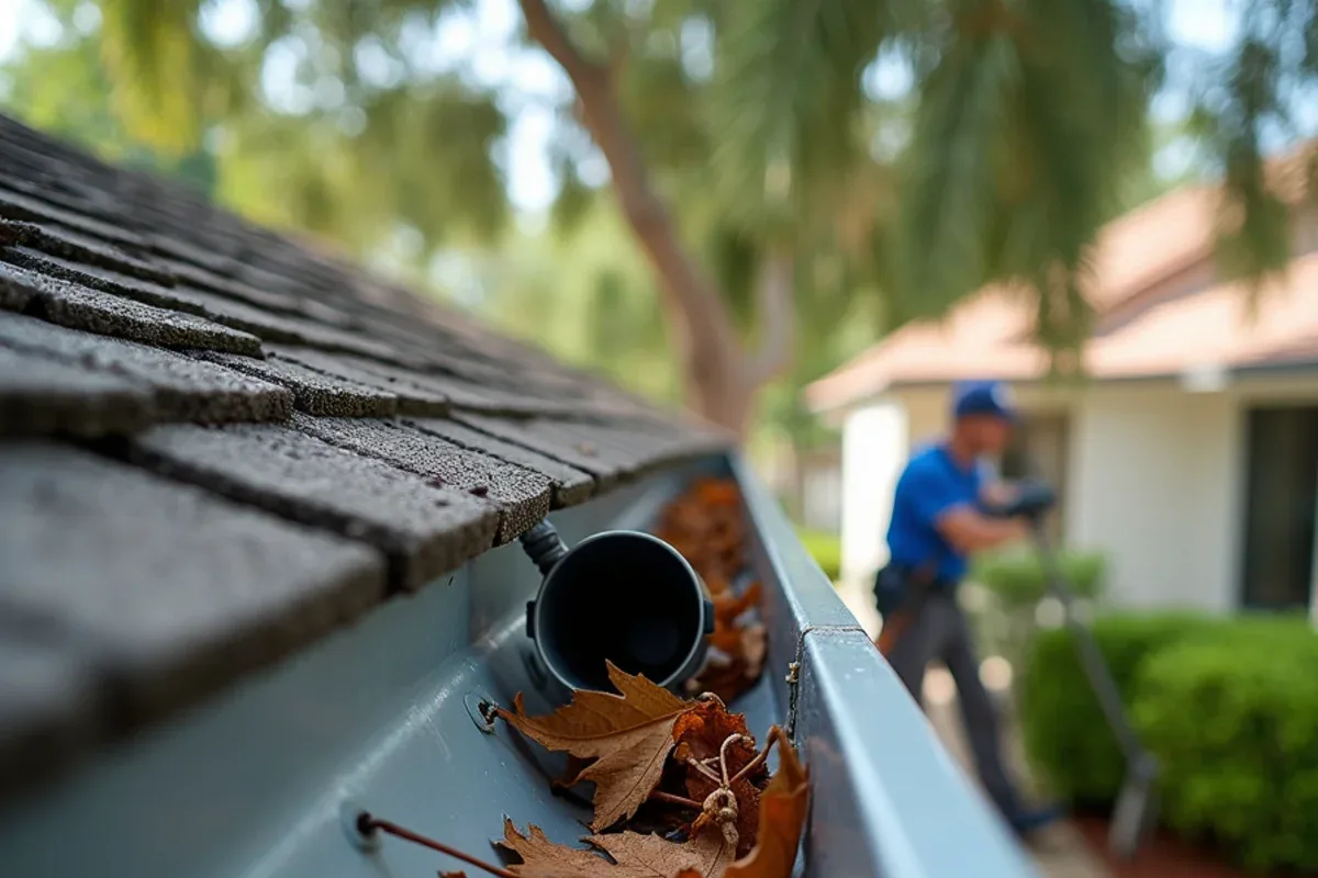 Half-round gutter full of live oak leaves and tassels on a Wilton Manors cottage roof