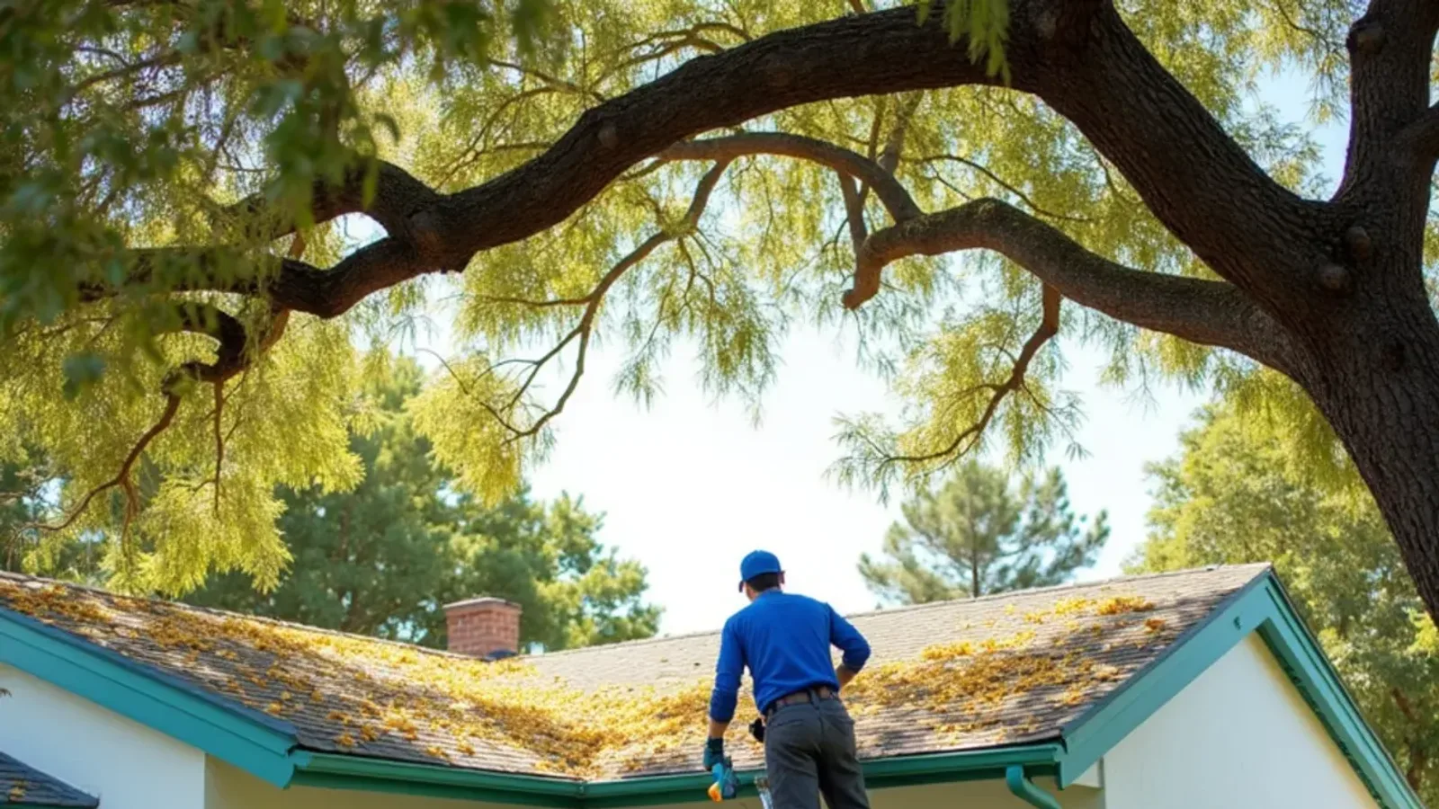 Spring live oak tassel drop over a Wilton Manors cottage as a technician clears its half-round gutter