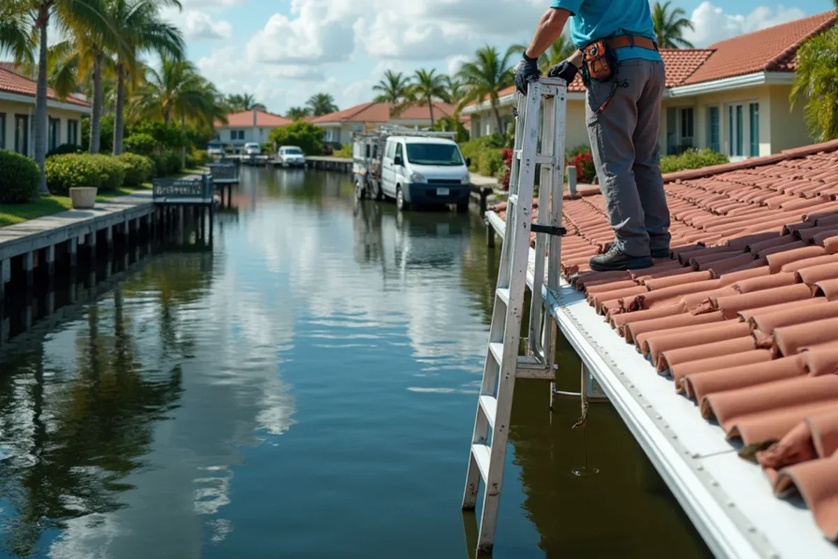 Broward County canal-front homes with gutters and docks under a summer sky